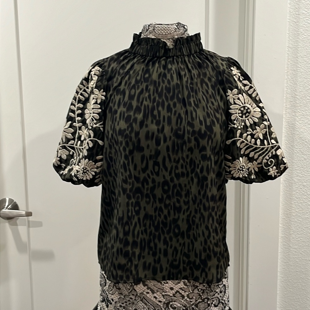 Anthropologie THML Women’s Green and Black Animal Print Top